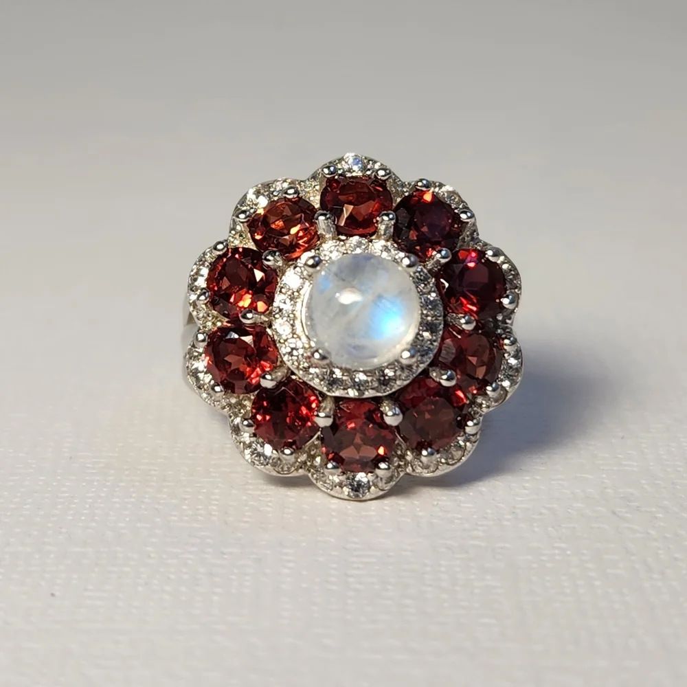 VTG Custom Garnet, Rainbow Moonstone & Zircon 925 Ring Sz 6 - Picture 10 of 13